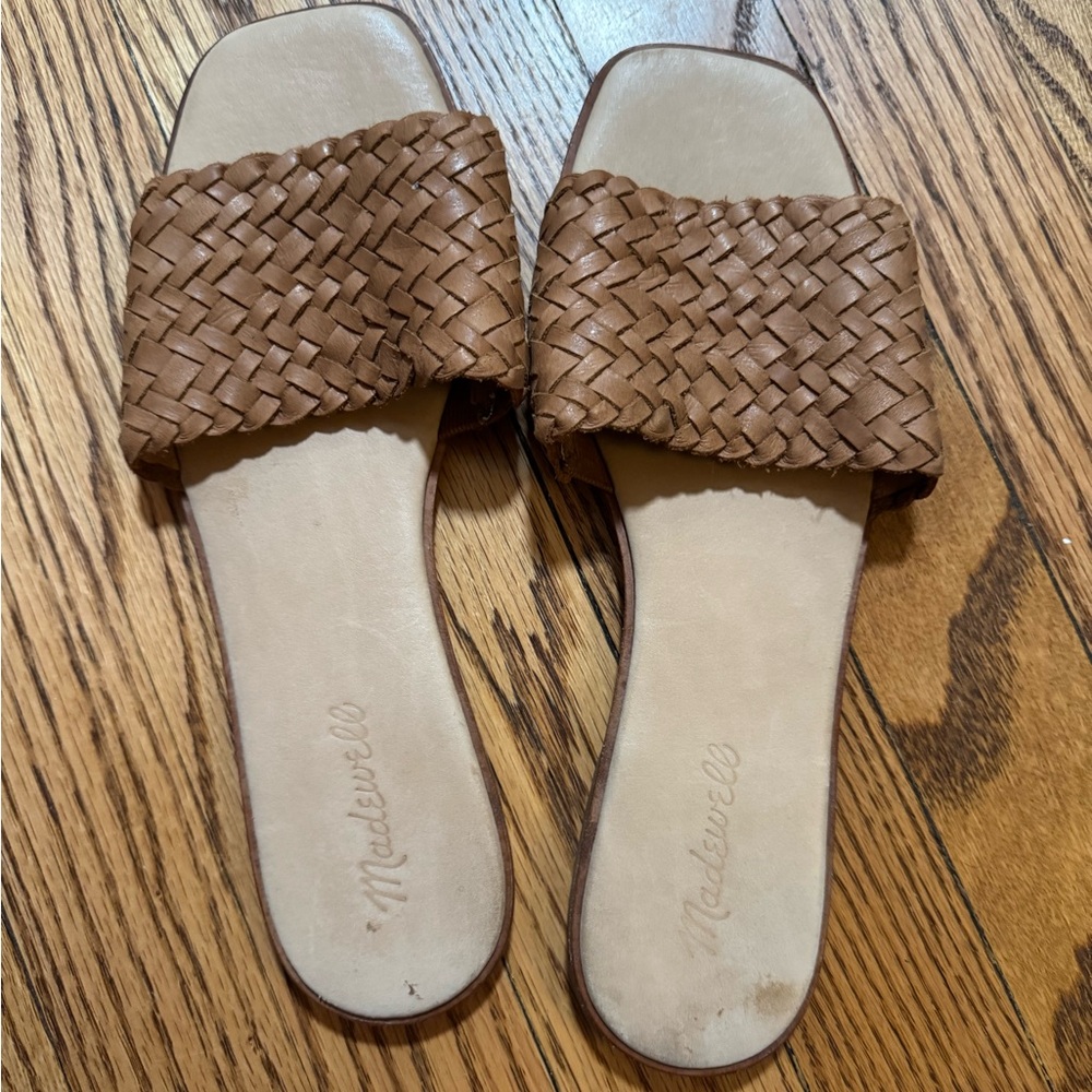 Madewell Woven Slide Sandals in Brown and Cream